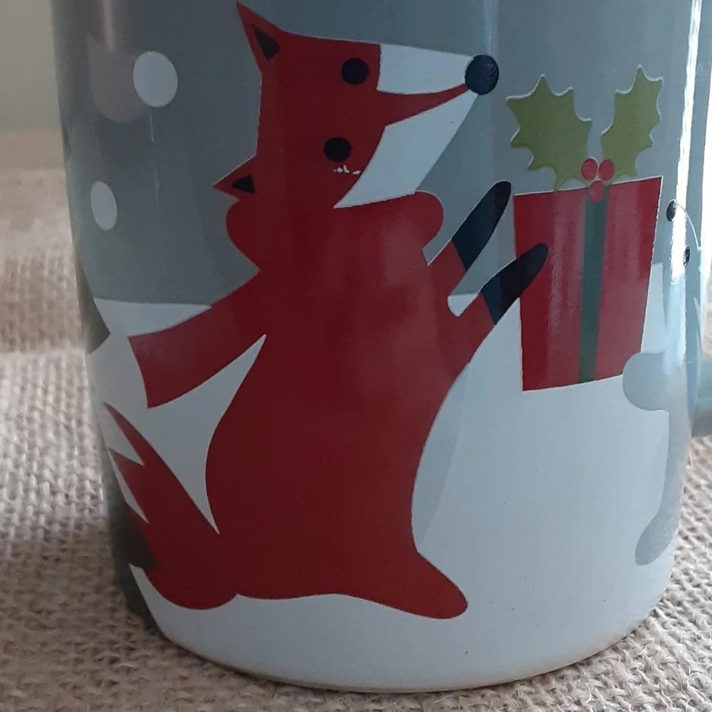 Crate & Barrel Winter Gift Fox Rabbit Snow Gray White Red 10 oz Ceramic